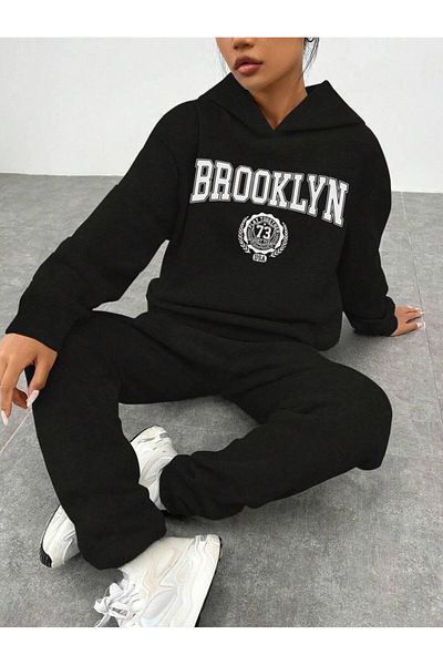 trendgar fekete brooklyn mintás kapucnis pulcsi és melegítőnadrág női alsó mester öltöny
