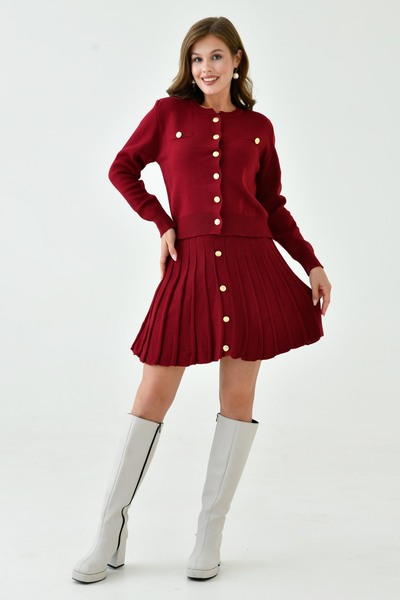 barış sülün lovebox Flexible Knitwear Women's Cardigan and Mini Skirt Set - Button Detailed, Claret Red 1150
