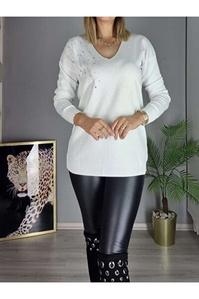 MİRVE BUTİK TAŞ DETAYLI V YAKA TRİKO BLUZ