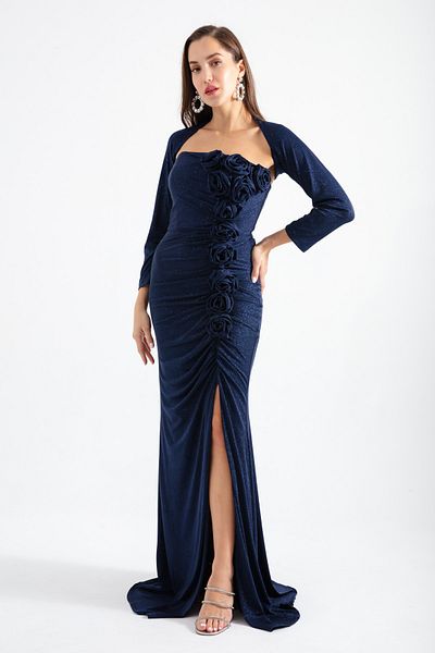 Lafaba Women's Navy Blue Collar Detailed Glitter Long Evening Dress