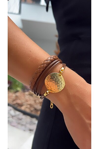 Kutcha Accessories Altın Disk Zarafeti: El Yapımı Çok Katmanlı Deri Kolye ve Bileklik Seti