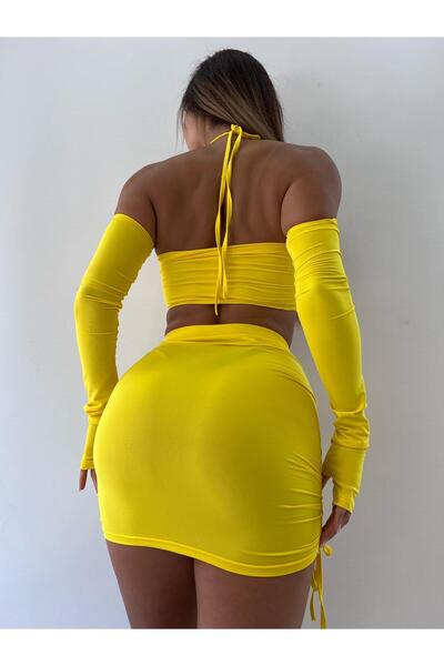 pink life Double Suit with High Waist Yellow Mini Skirt - Strapless