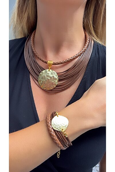 Kutcha Accessories Altın Disk Zarafeti: El Yapımı Çok Katmanlı Deri Kolye ve Bileklik Seti