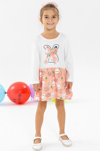 Breeze Girl's Long Sleeve Dress with Bow Rabbit Pattern, Age 2-6, Ecru