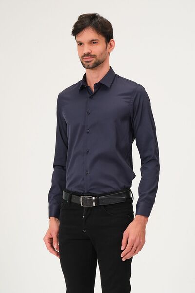 BAYEFENDİ Синя сатинова сорочка Slim Fit для чоловіків - у подарунковій коробці