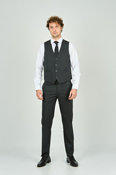 GİO Gio Erkek Regular Fit Mono Yaka Yelekli Takım Elbise 4460 Füme