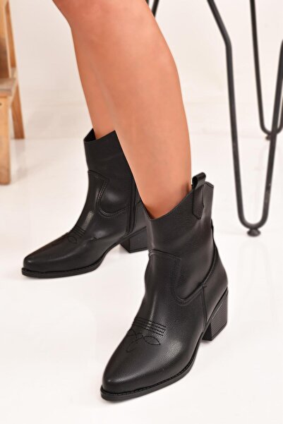 MODAONN Siyah Cilt Nakışlı Fermuarlı Western Kovboy Kadın Kısa Bot