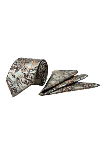 VENCHY Gri Somon Batik Desen Mendilli Kravat 7741-7MK