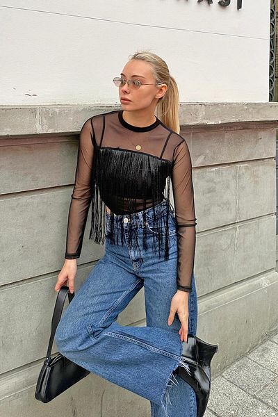 Swist Black Fringed Transparent Women's Tulle Crop Blouse