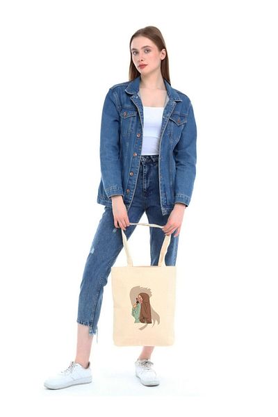 Çınar Bez Çanta Tesatura Canvas Hijab Flower Sniffing Girl Tote Bag - Crema - Çınar Tote Bag