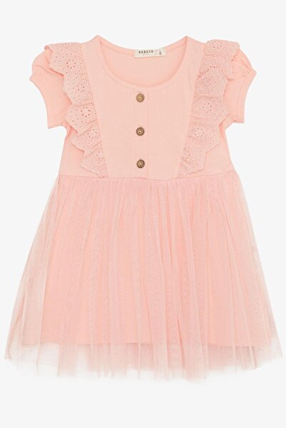 Breeze Kız Çocuk Elbise Güpür Nakışlı Düğmeli 1.5-5 Yaş, Somon
