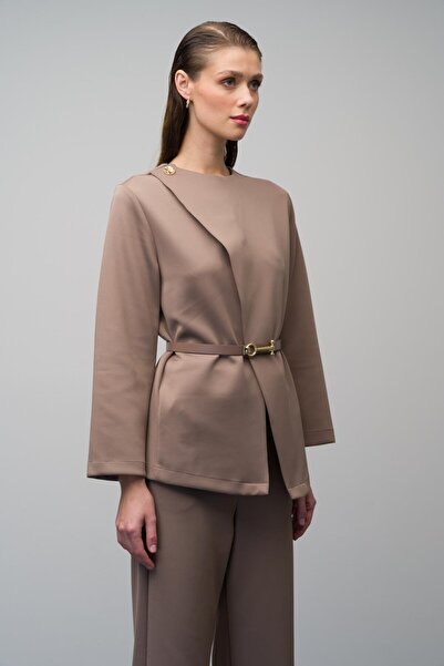 Olcay Scuba Fabric Belted Jacket and Trousers Set - Mink 9261-Tk