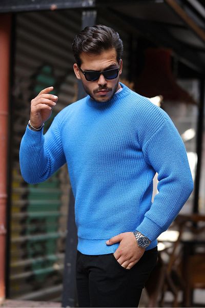 Valiberta Oversize Thessaloniki Braided Crew Neck Men's Knitwear Sweater - Light Blue