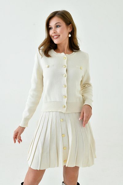 WOMAN VISION Ecru Women's Knitwear Set - Buttoned Cardigan and Pleated Mini Skirt 1150