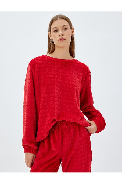 Koton Texturiertes Strick-Fleece-Pyjama-Oberteil mit Rundhalsausschnitt – elastische Manschette