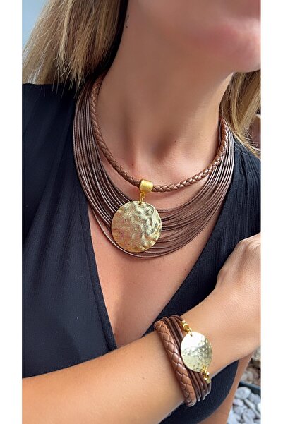 Kutcha Accessories Altın Disk Zarafeti: El Yapımı Çok Katmanlı Deri Kolye ve Bileklik Seti