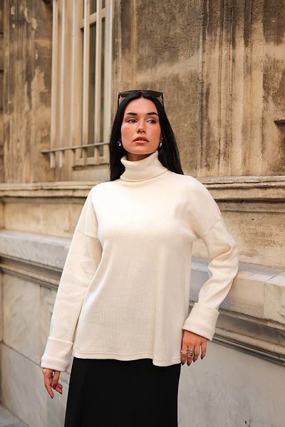 FOR YOU MODA Sleeve Detailed Turtleneck Turtleneck Ecru Blouse