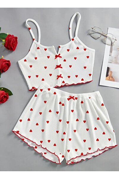 MEGOMEL Γυναικείο σετ πιτζάμες με βαμβακερό σχέδιο με λευκή καρδιά