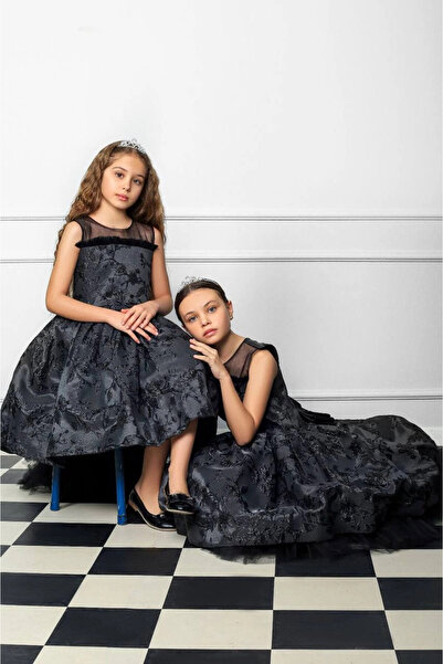 PİXİNADELUXE Siyah Önü Kısa Arkası Uzun Kat Kat Tüllü Kız Çocuk Abiye