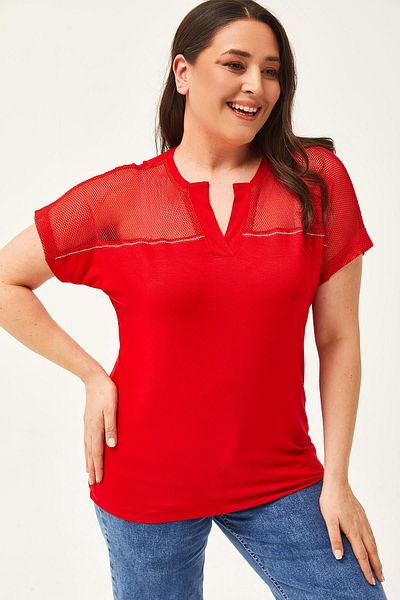 Ebsumu Women's Large Size Mesh Red Blouse with Stone Detail