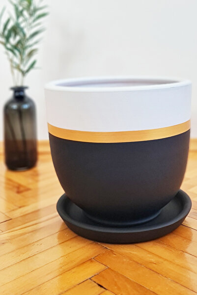patili hayat Çömlek Saksı U Model Gold Siyah Beyaz Saksı Büyük Boy Tabaklı Saksı