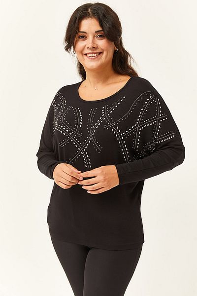 Ebsumu Women's Large Size Drop Stone Printed Black Blouse