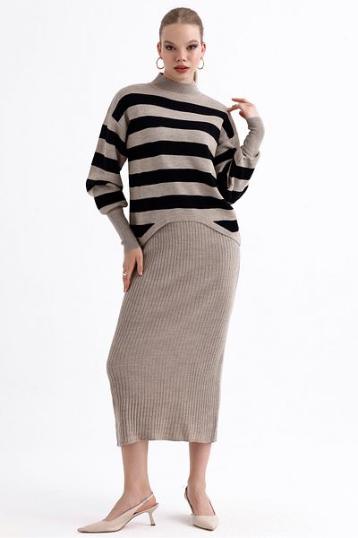 MD trend Women's Half Fisherman Striped Balloon Sleeve Sweater and Strappy Ribbed Dress Double Knitwear Set