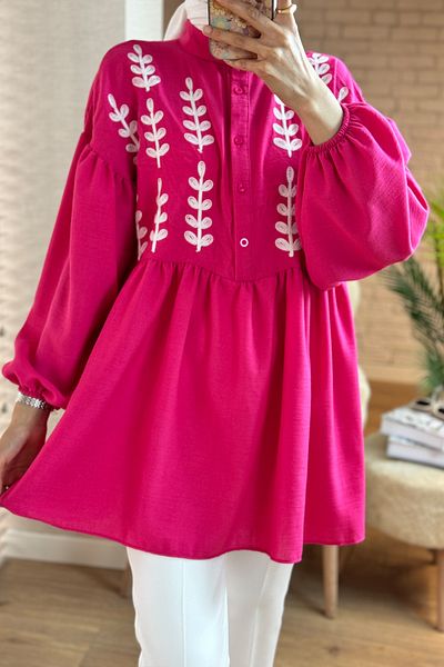 Salih Çelebi 2036 Front Floral Embroidered Tunic - Fuchsia