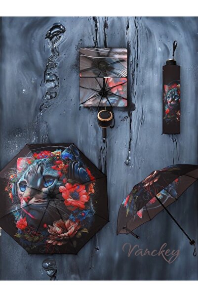 VANCKEY Üç Boyutlu Renkli Kedi Desenli 8 Telli Manuel Rüzgara Dayanıklı Şemsiye