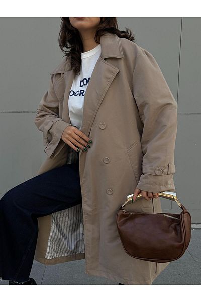 minaaise Trench oversize cu model în dungi cu căptușeală de piatră pentru femei 28119