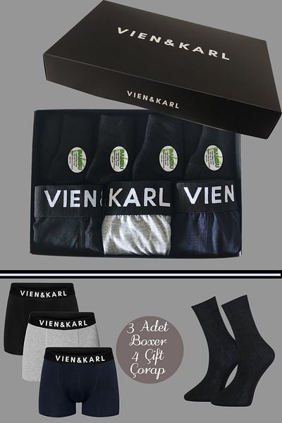 Vien&Karl Ανδρικό Premium Boxer 3 σε κουτί (ΜΑΥΡΟ/ΓΚΡΙ/ΣΚΟΥΡΟ ΜΠΛΕ) Σετ 4 κάλτσες μπαμπού