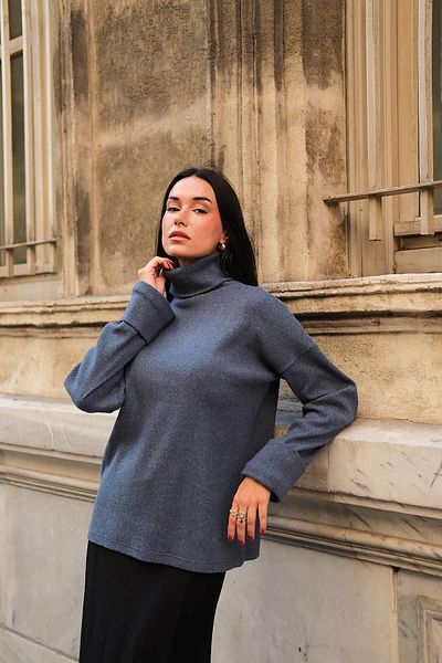 FOR YOU MODA Sleeve Detailed Turtleneck Turtleneck Indigo Blouse