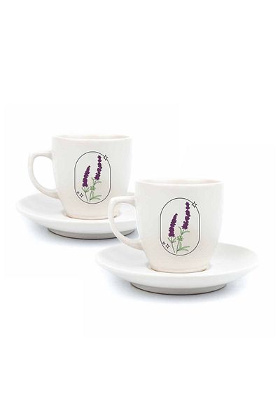 PALTO TASARIM Lavender Designed 2-Person 4-Piece Cream Turkish Coffee Cup Set - Gift Coffee Cup Set