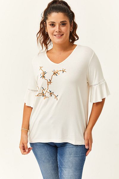 Ebsumu Women's Plus Size Branch Embroidered Spanish Sleeve White Blouse