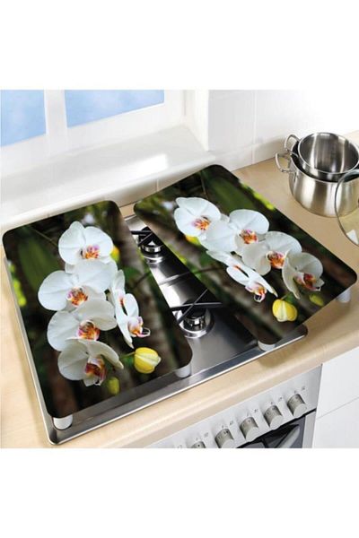 Saban 2-Piece 30X52 cm Glass Stove Protector Colorful Orchid for 4-Piece Stoves