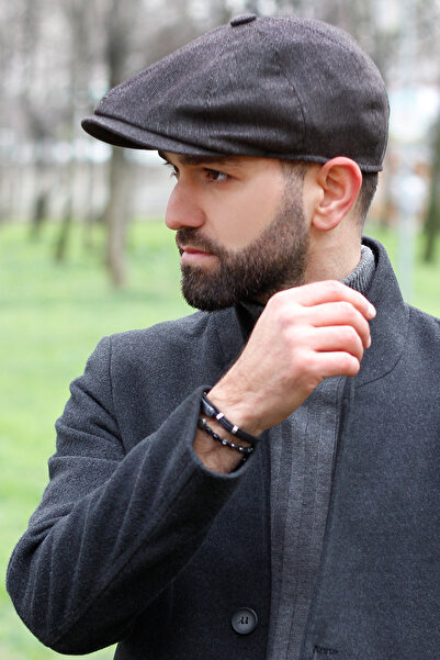 Bay Şapkacı Erkek İngiliz Kasket Çizgili Kahverengi 7450