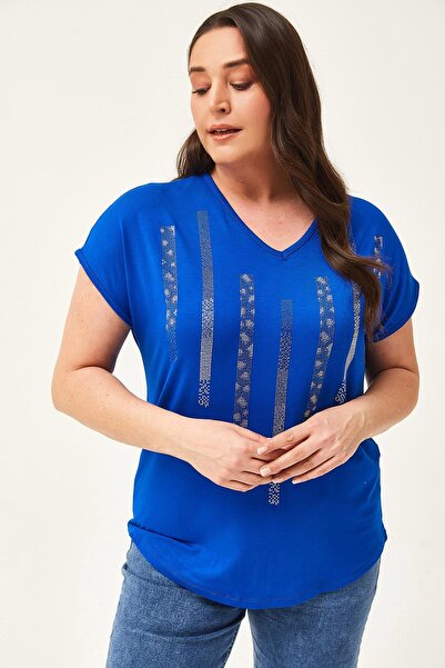 Ebsumu Bluză albastră cu imprimeu cu piatră de leopard de mărime Plus