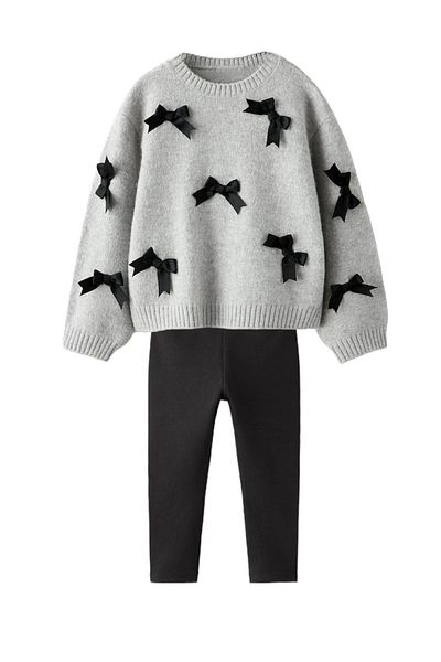 Monila New Season Girl's Satin Ribbon Detailed Sweater and Ribbed Leggings Top and Bottom Set