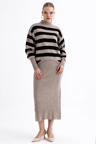 MD trend Women's Half Fisherman Striped Balloon Sleeve Sweater and Strappy Ribbed Dress Double Knitwear Set