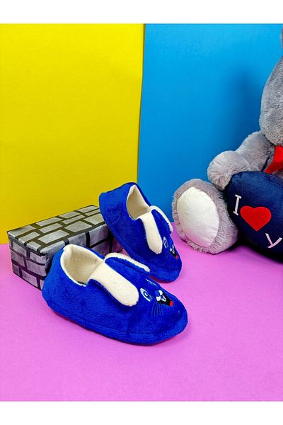 Nstil Saks Blue Girl's Boy's Slippers - Rabbit Figured Patterned, Flexible Sole Nursery Shoes 361