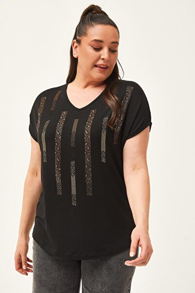 Ebsumu Bluză neagră cu imprimeu cu piatră leopard de mărime mare pentru femei