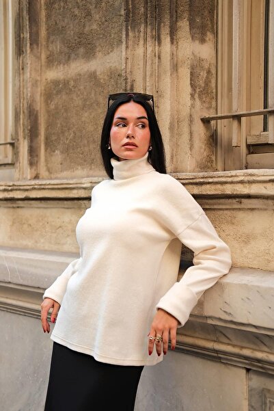 FOR YOU MODA Sleeve Detailed Turtleneck Turtleneck Ecru Blouse