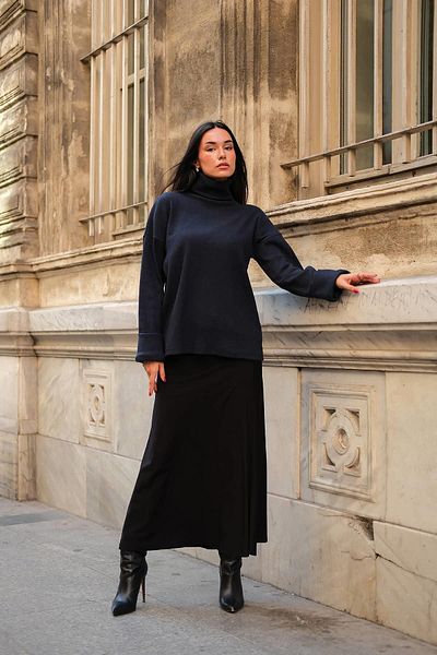 FOR YOU MODA Sleeve Detailed Turtleneck Turtleneck Navy Blue Blouse