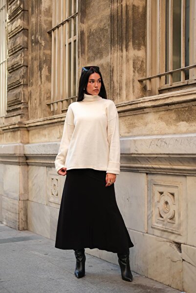 FOR YOU MODA Sleeve Detailed Turtleneck Turtleneck Ecru Blouse