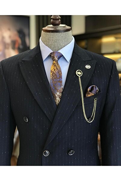 TerziAdemAltun Navy Blue Slim FiT STriped Double BreasTed JackeT and Trousers SeT - T9606