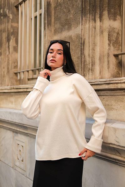 FOR YOU MODA Sleeve Detailed Turtleneck Turtleneck Ecru Blouse