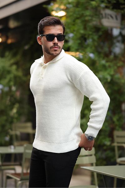 Valiberta Polo Neck Striped Modern Knitwear Sweater - Ecru