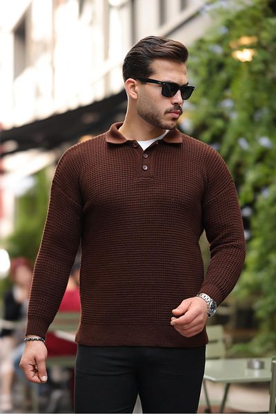Valiberta Modern Fit Polo Neck Striped Knitwear Sweater - Brown