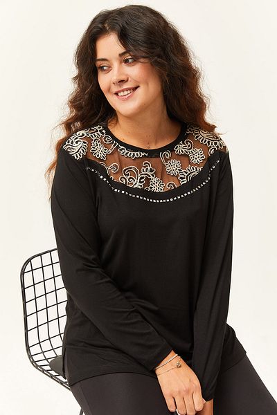 Ebsumu Women's Plus Size Guipure Tulle Detail Transparent Black Blouse