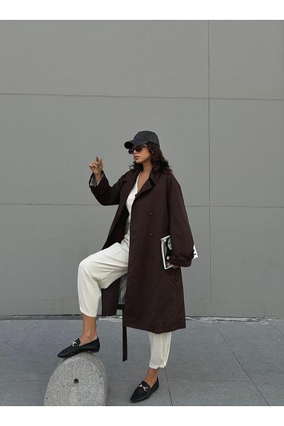 minaaise Women's Coffee Lining Line Patterned Oversize Trench Coat 28119